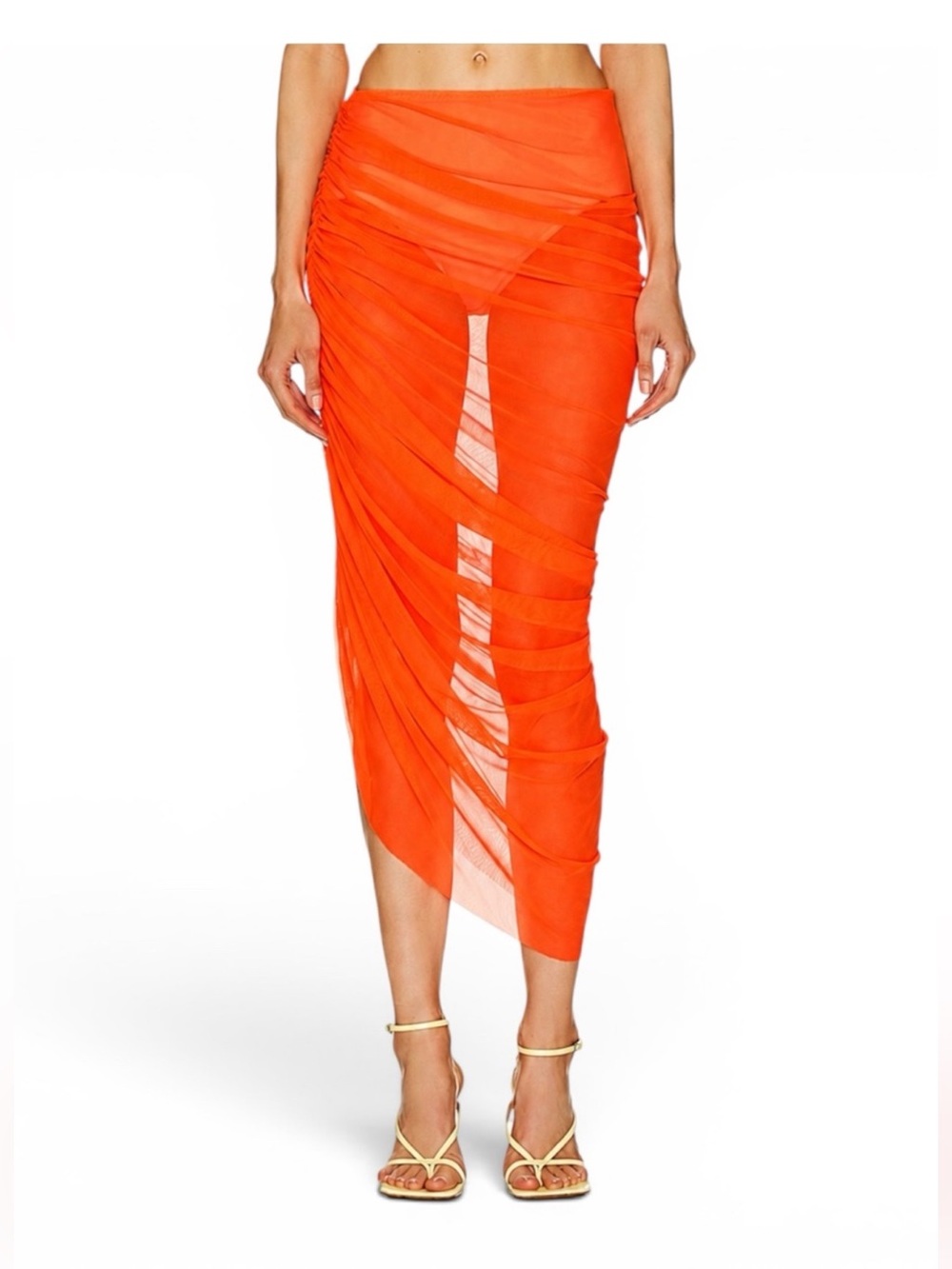 Norma Kamali Orange Sheer Draped Midi Skirt